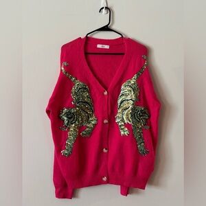Hot Pink Sequin Tiger Cardigan Sweater – Size M